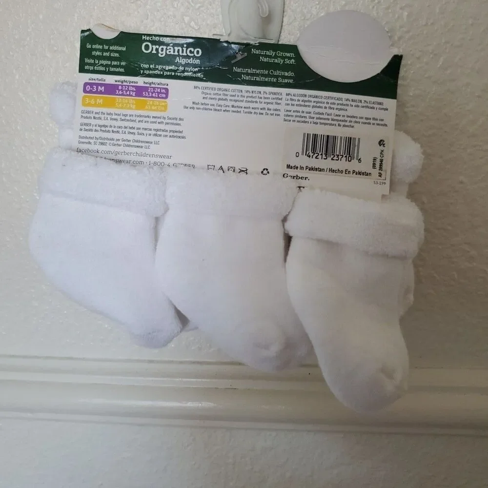 Gerber Baby White Socks Boys & Girls Plush 6 Pack Size 3-6 Months Organic Cotton